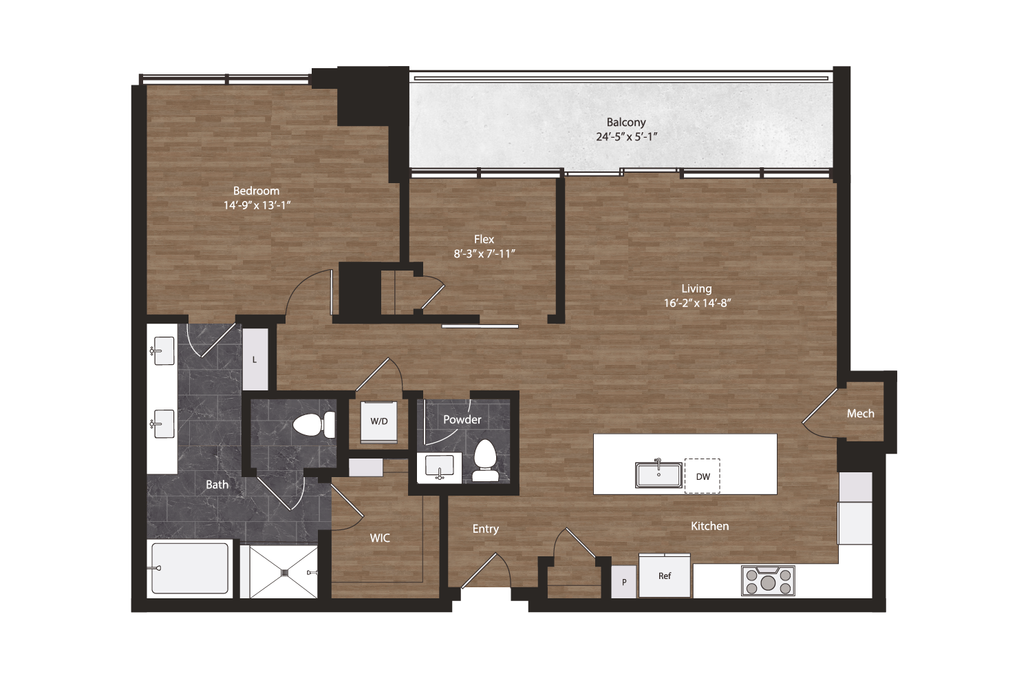 Floor plan layout diagram for 1 Bedroom Plus Den, 1.5 Bath